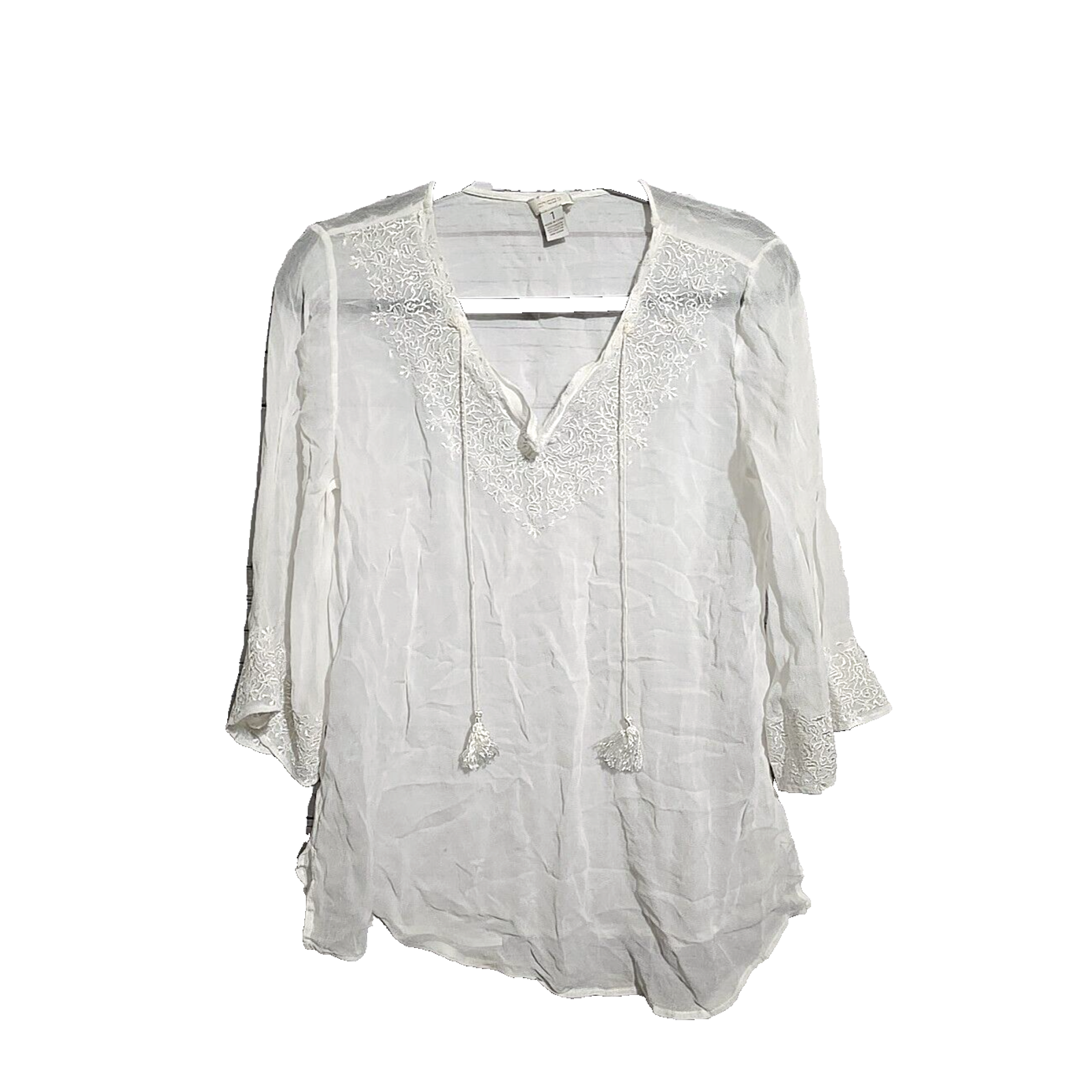 Chico's White Embroidered V-Neck Tassel 3/4 Sleeve Peasant Top Womans Size 1